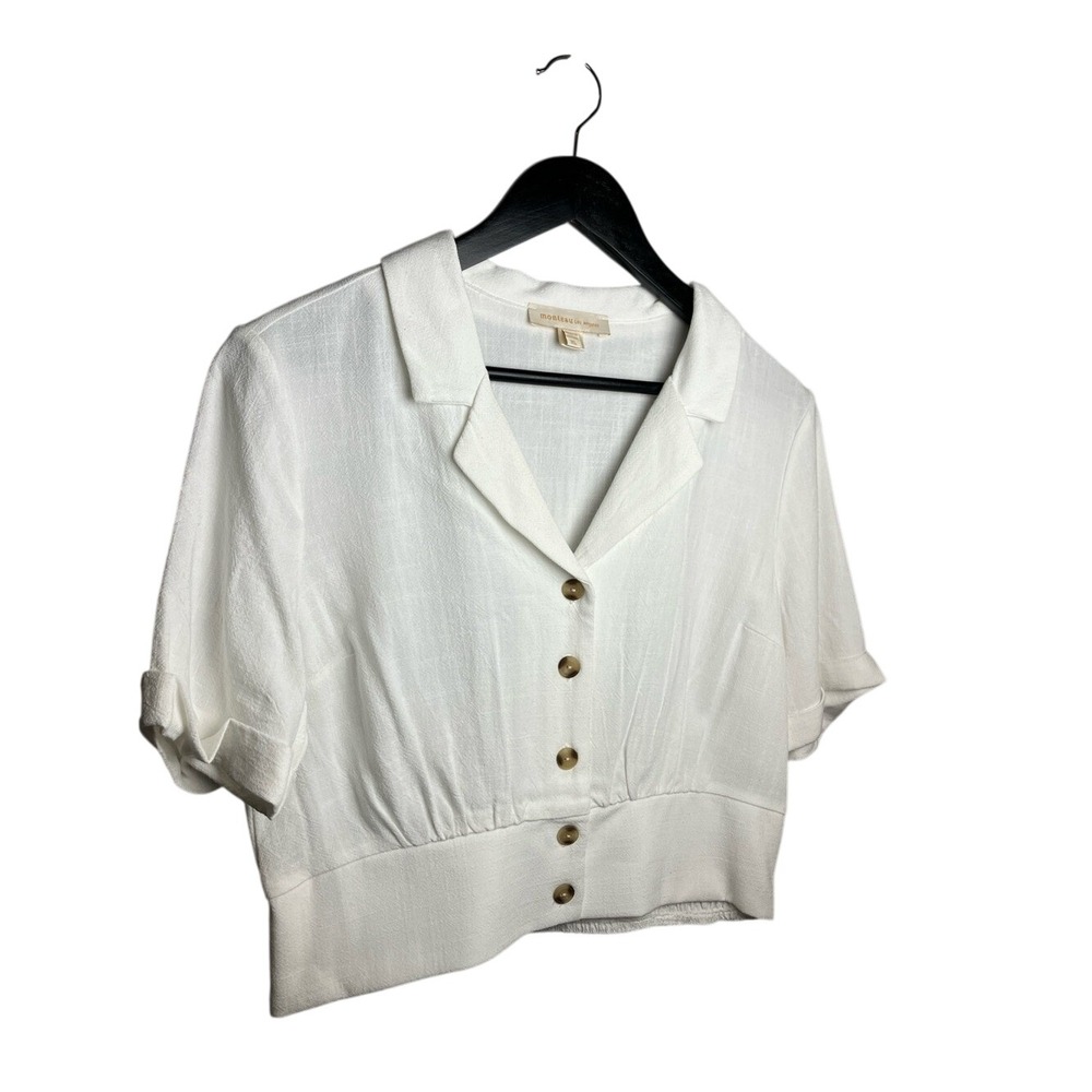 monteau Los Angeles Linen-Blend White Button Front Crop Top Size XL NWOT